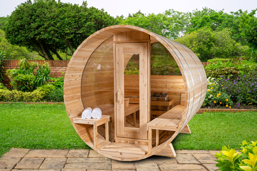 Leisurecraft Serenity MPE Barrel Sauna with Half Moon Windows