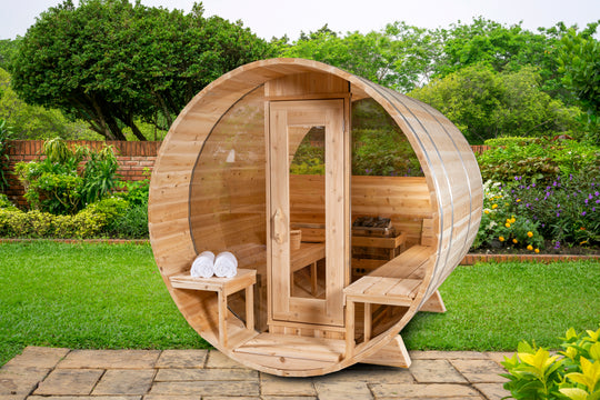 Leisurecraft Serenity MPE Barrel Sauna with Half Moon Windows