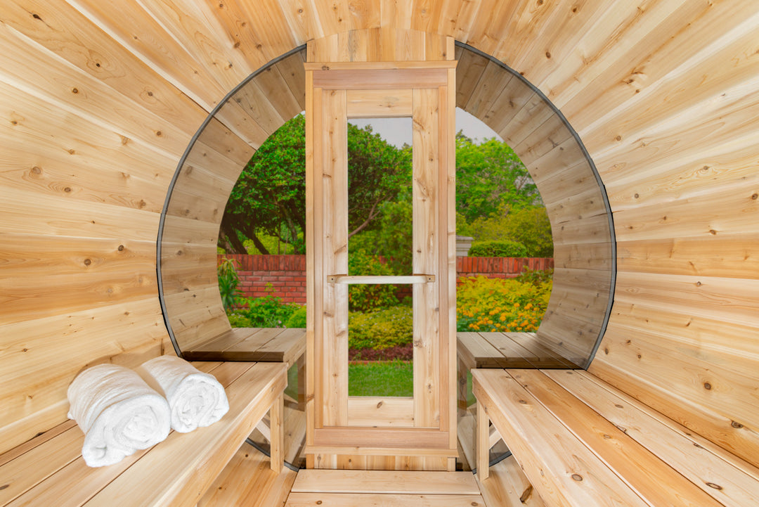 Leisurecraft Serenity MPE Barrel Sauna with Half Moon Windows
