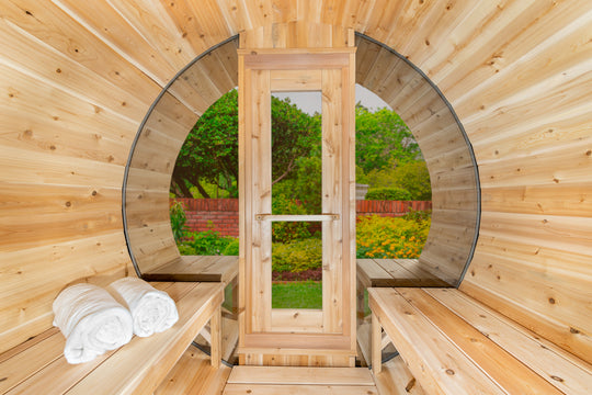 Leisurecraft Serenity MPE Barrel Sauna with Half Moon Windows