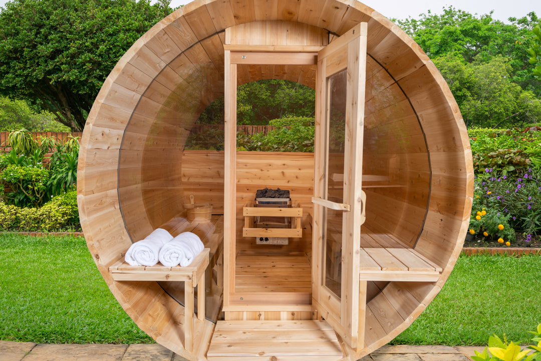 Leisurecraft Serenity MPE Barrel Sauna with Half Moon Windows