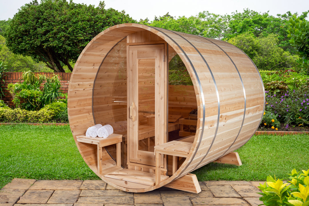 Leisurecraft Serenity MPE Barrel Sauna with Half Moon Windows